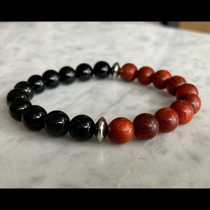 Men’s Protection Black Onyx Red Cherry Wood Crystal Bead Bracelet Silver